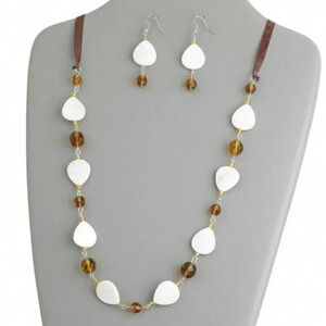 Amber Brown Glass and Mother of Pearl Teardrop Necklace Earrings Set